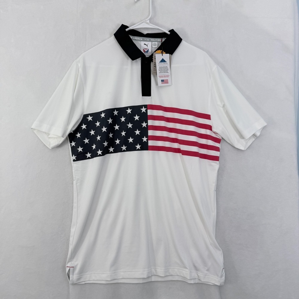 Puma Volition Polo Shirt Mens M White USA Flag Golf Performance Athletic Stretch